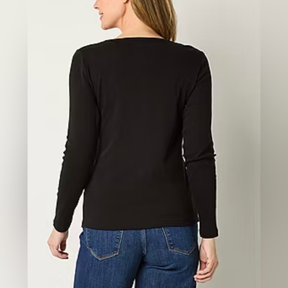 St John’s Bay Long Sleeve Essential Tee Crew Neck Top. Size 1X. Black - Picture 2 of 7